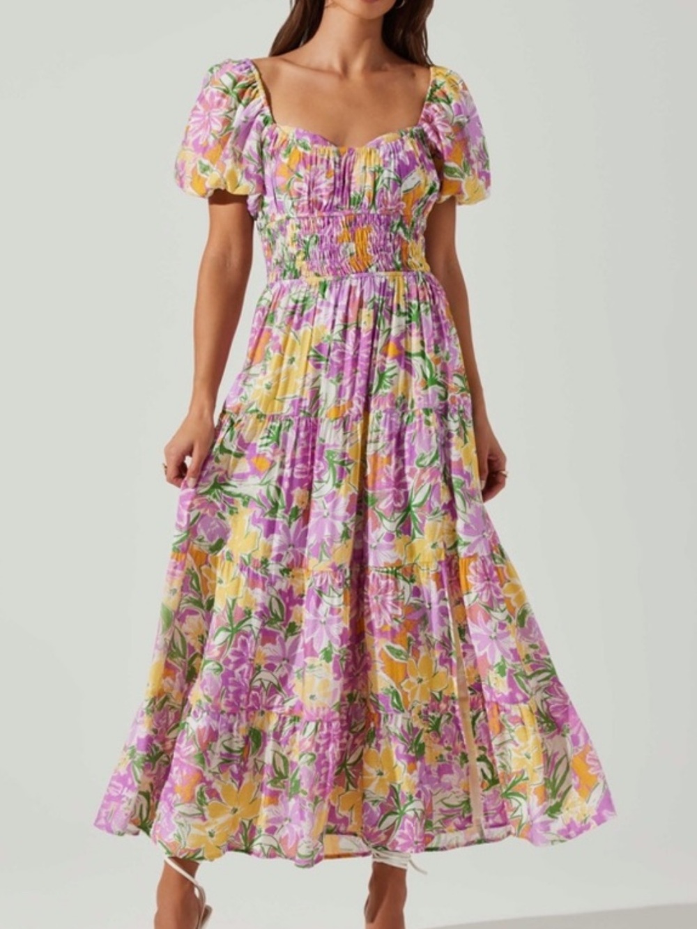 ASTR Florentina Maxi Dress Pink Floral Purple Green Yellow Small Smocked Puff - Picture 1 of 9